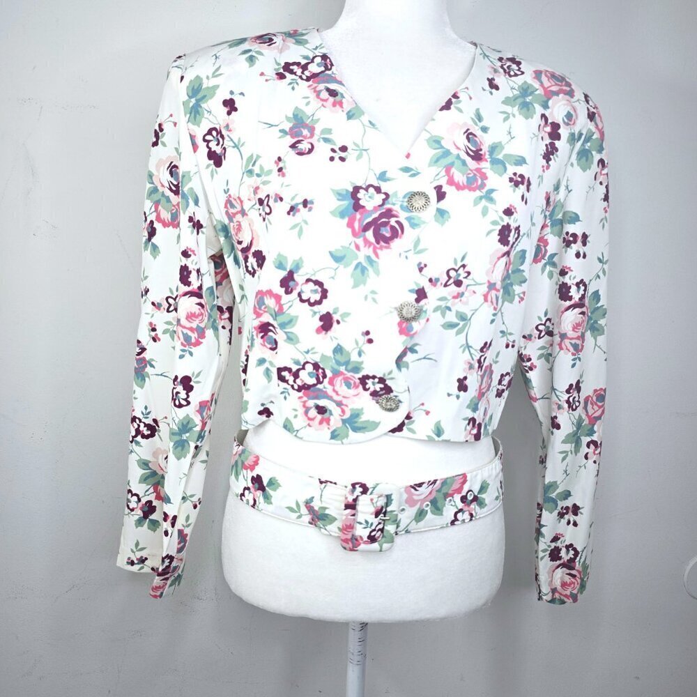Vintage 80s Via Max White Floral Cropped Length Button Front Cardigan Top w Belt